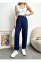 Women's Navy Blue Modal Blended Fabric Striped Shalwar Trousers with Elastic Waist Pockets - 6