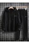 Minimal Written New York Combination Bottom Top Tracksuit Set - Black Printed Oversize Rubber Leg Hoodie