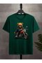 Moto Bear T-Shirt - Green Printed Oversize Short Sleeve Crew Neck