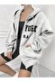 New York U.S.A Text Sweatshirt Zippered Cardigan - Gray Printed Oversize Pocket Winter Hoodie - 6