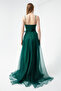 Women's Emerald Green Double Breasted Neck Belted Long Silvery Evening Dress - 5
