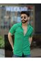 Men's Green Cotton Corduroy Patterned Summer Short Sleeve Open Collar Shirt - 2