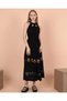 Women's Black Halter Neck Embroidered Layered Loose Plus Size Viscose Long Dress - 4