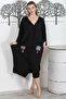 Black V-Neck 3/4 Sleeve Double Pocket Embroidered Casual Oversize Woven Dress
