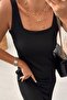 Women's Black Square Collar Ribbed Summer Thick Strap Midi Dress