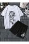 Dragon Pattern T-Shirt Shorts - White with Black Shorts T-Shirt Top and Bottom Set Printed Crew Neck - 3