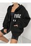 New York U.S.A Text Sweatshirt Zippered Cardigan - Black Printed Oversize Pocket Winter Hoodie - 6
