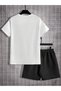 Brooklyn Lettering Design T-Shirt Shorts - White with Black Shorts T-Shirt Bottom Top Set Printed Crew Neck - 2
