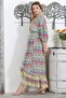 Light Lemon Double Breasted Collar 3/4 Sleeve Lining Tassel Allover Printed Woven Elastic Waist Design Dress - 7
