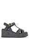 Women's Textile Black Straw Heeled Sandals