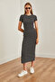 Women's Black Crew Neck Slit Striped Midi Dress Elb- 19002208 - 4