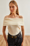 Ecru Madonna Collar Ribbed Knitwear Summer Blouse - BLZ-19002697 - 5
