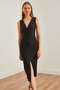 Women's Black V Detail Front Slit Slim Ribbed Ottoman Dress Elb- 19002209 - 5