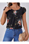 Flower Printed Women's Single Jersey Blouse - Short Sleeve, Crew Neck - 5