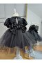Girl's Sequined Gathered Bow Backless Cotton Lined Tulle Black Dress - 2