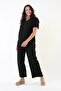 Women's Black Large Size Twill Fabric Short Sleeve Bottom Top Set - 3