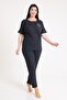 Women's Black Short Sleeve Embroidered Plus Size Pajama Set Pmtk25600 - 2
