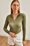 Women's Washed Khaki Zippered Turtleneck Lycra Blouse Blz- 19001155 - 2