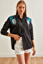 Women's Black Leaf Sequin Detail Woven Shirt GML-19001226 - 3