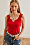 Women's Red Front and Back Lace Crepe Blouse Blz-19002690 - 3