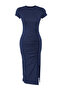 lacivert Fitted/Vücuda Oturan Büzgü ve Yırtmaçlı Midi Pamuklu Esnek Örme Elbise TWOSS23EL00777 - 6