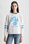 ROISIN Beige Crew Neck Printed Loose Fit Women's Sweatshirt