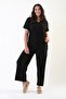 Women's Black Large Size Twill Fabric Short Sleeve Bottom Top Set - 2