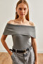 Women's Grey Madonna Collar Corded Fabric Summer Knit Blouse BLZ-19002697 - 2