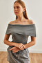Women's Grey Madonna Collar Corded Fabric Summer Knit Blouse BLZ-19002697 - 5