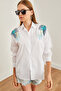 Women's White Leaf Sequin Detail Woven Shirt GML-19001226 - 4