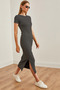 Women's Black Crew Neck Slit Striped Midi Dress Elb- 19002208
