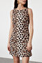 Kahverengi Leopar Desenli Mini Saten Dokuma Elbise TWOSS24EL01065 - 5