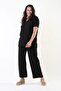 Women's Black Large Size Twill Fabric Short Sleeve Bottom Top Set - 5