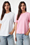 Pembe-beyaz %100 Pamuk Bisiklet Yaka 2'li Paket Örme T-Shirt TWOSS20TS0141