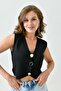Women's Stretchy Knitwear Fabric Stylish Button Design Black Basic Crop Vest 9902 - 7