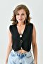 Women's Black Stretchy Knitwear Fabric Design Buttoned Crop Vest 9902 - 6
