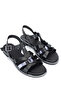 Women's Genuine Leather Black Flat Sandals - 2