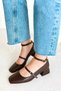 Mary Jane Brown Matte Leather Closed Back Square Toe Cap Short Block Heeled Women's Shoes