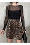 Women's Short Front Buttoned Brown Black Color Leopard Patterned Lycra Mini Denim Skirt - 2