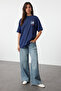 Lacivert %100 Kalın Pamuklu Ön ve Arka Baskılı Oversize/Rahat Kesim Örme T-Shirt TWOSS23TS00269 - 2