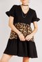 Women's Black Leopard Block Dress with Gathered Skirt and Sleeves - 3