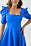 Women's Stretchy Crepe Fabric Short Sleeve Square Neck Midi Length Blue Evening Dress 080 - 2