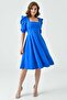 Women's Stretchy Crepe Fabric Short Sleeve Square Neck Midi Length Blue Evening Dress 080 - 4