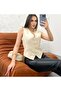 Women's Cream Back Belt Detailed Lined Natural Linen Vest 11116 - 5