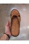 Women's Inside-Outside Genuine Leather Orthopedic Massage Sole Crossed Tan Slippers - 6