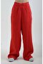 Red Natural Linen Wide Leg Trousers with Elastic Waistband - 2