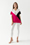 Women's White Black Pink Block Patterned Bat Sleeve Viscose Combed Cotton Blouse - 2