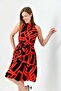 Women's Crew Neck, Elastic Waist , Belted , Flared , Striped pattern Red Summer Dress 2041 - 3