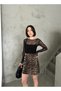 Women's Short Front Buttoned Brown Black Color Leopard Patterned Lycra Mini Denim Skirt - 5
