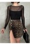 Women's Short Front Buttoned Brown Black Color Leopard Patterned Lycra Mini Denim Skirt